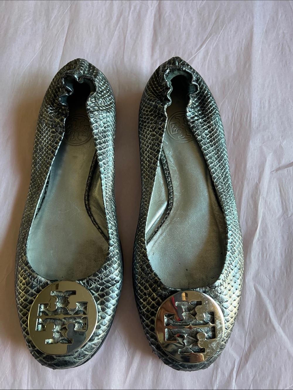 Tori Burch silver snakeskin ballerina slippers